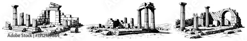 Panorama of broken ancient columns and archaeological ruins illustration