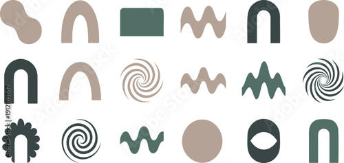 Collection of abstract geometric shapes and organic forms in muted earthy tones