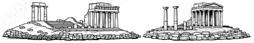Two ancient greek temple ruins with columns in vintage style