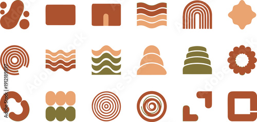 Collection of abstract organic shapes and minimalist geometric elements in earthy tones