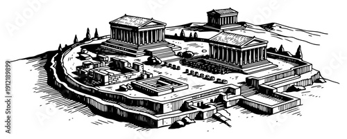 Aerial view of an ancient greek acropolis complex with temples