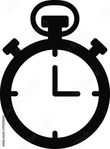 Minimalist black and white stopwatch icon with clock hands isolated on a white background.