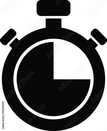 Stopwatch vector icon, timer chronometer symbol, time management tool, sports countdown graphic, deadline measurement sign, isolated black silhouette