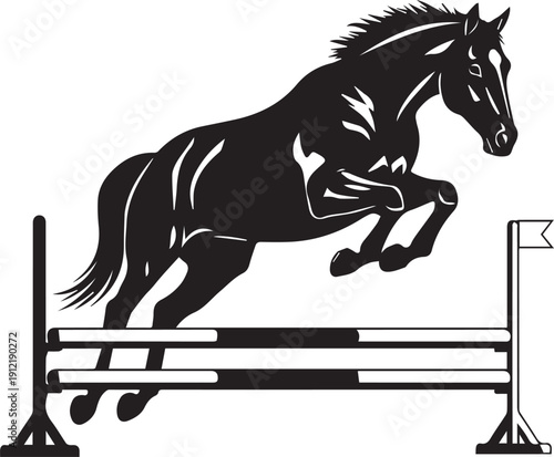 Equestrian show jumping horse silhouette vector with hurdles graphic