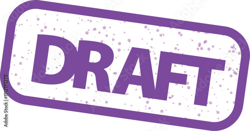 Purple rectangular rubber stamp design prominently featuring the bold capitalized word draft signifying preliminary document status on a clean white background for easy editing.