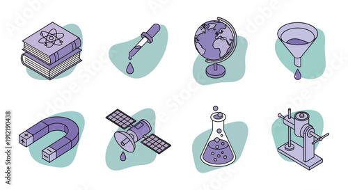 Isometric Science and Education Icons Books, Globe, Lab Equipment, Satellite, and Physics Tools – Flat Vector Set