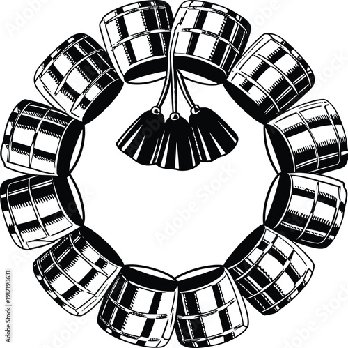 A circle of shiny steel drums with a pair of drumsticks
