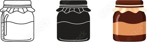 Set of three glass jars with lids featuring outline silhouette and colorful jam or spread perfect for food packaging and design