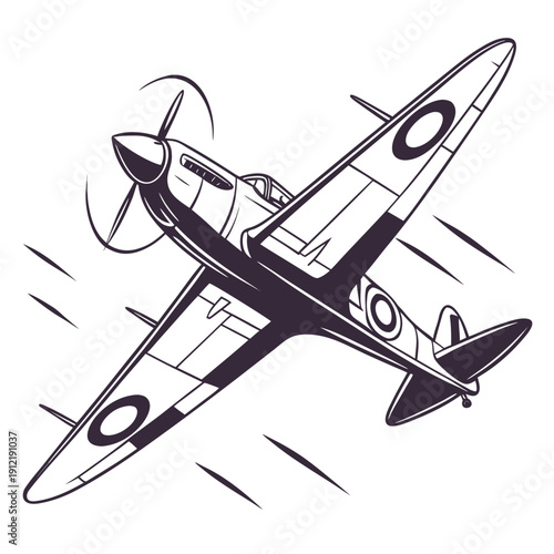 Fotografie Vintage military airplane flying left with motion lines