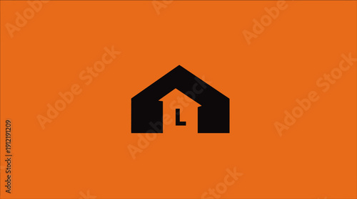 Modern minimalist black house icon with an abstract upward shape on a vibrant orange background. Generic home, property, or real estate symbol.