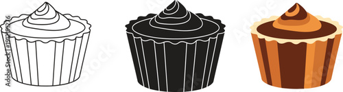 Set of three cupcake illustrations including outline silhouette and full color perfect for bakery branding and dessert concepts