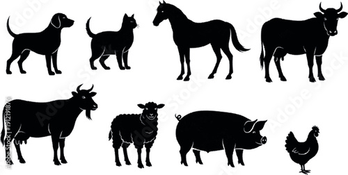 Diverse array of common domestic animals rendered as sleek black silhouettes, perfect for design elements illustrating pets, farm life, and livestock concepts in a clean, isolated style