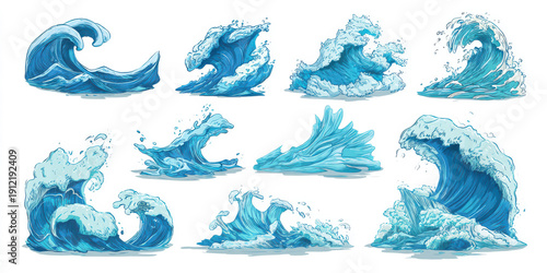 Blue Water Waves Splash Set: Vibrant Ocean Adventure, Fun Sea Clipart Collection