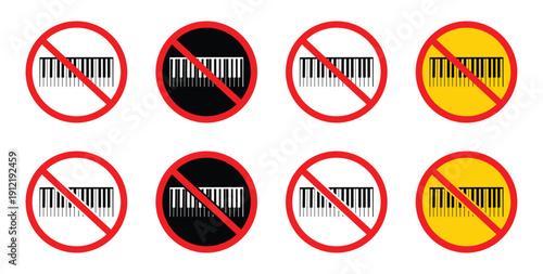 No piano icon. Red prohibitory  sign. Ban Music Vector illustration.