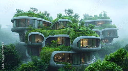 Eco-friendly, floating homes nestled in misty mountains