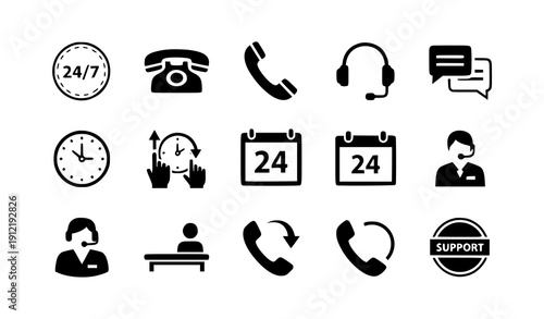 Minimal 24/7 support service solid vector icons