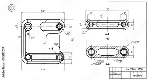 Blueprint of a mechanical part with dimensions and technical views