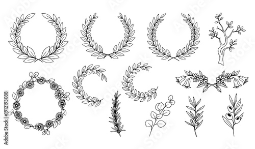 Elegant hand-drawn wreaths and leafy branches vector icons