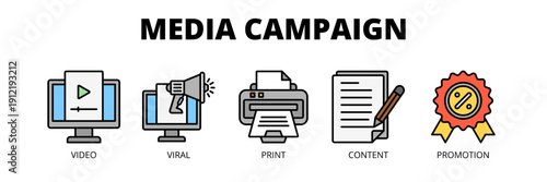 Media Campaign web banner icon vector illustration concept for advertising strategy with icons of video marketing, viral content, print media, content creation and promotion.
