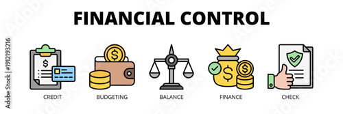 Financial Control web banner icon vector illustration concept for budget control with icons of credit management, budgeting control, balance sheet management, finance monitoring and verification.