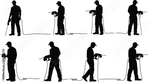 Construction worker silhouette set, male builder holding electric drill and power tools, handyman and contractor icons for renovation, repair, and industrial labor design.