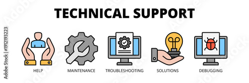 Technical Support web banner icon vector illustration concept for IT services with icons of help desk, maintenance service, troubleshooting, technical solutions and debugging.