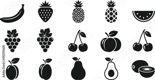 Tropical and garden fruit silhouettes collection, organic food icons set featuring banana, strawberry, pineapple, watermelon, grape, cherry, plum, pear, avocado, and kiwi vector.