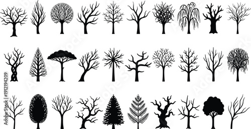 Black silhouette vector icon set featuring various deciduous trees, winter bare branches, and leafy forest plants for nature and landscape design.