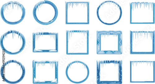 Blue frozen ice frame collection, winter frosty border vector set, cold crystal circle square elements pack for graphic design