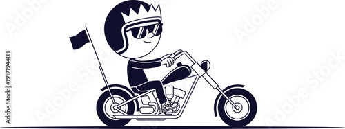 Cute cartoon biker riding chopper motorcycle vector illustration, cool kid rider character design, retro motorbike mascot graphic