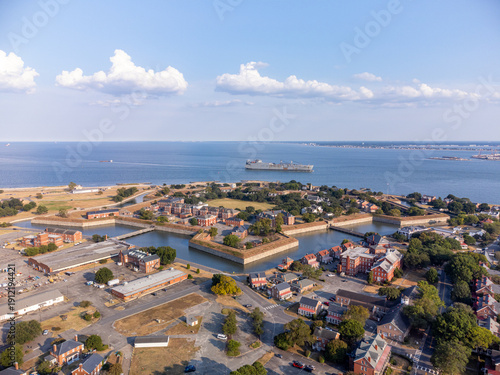 Fotografia Historic Fort Monroe in Hampton, Virginia, aerial wide shot of the star-shaped s