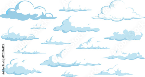 Cute cartoon cloud collection, blue white fluffy sky clouds vector set, weather background elements pack for kids design illustration graphic