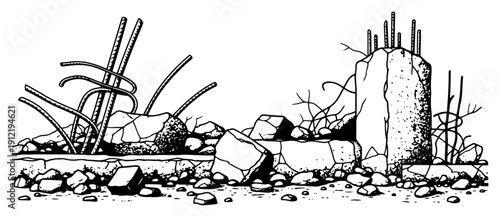 Detailed black and white sketch of concrete building ruins with iron rebar and debris