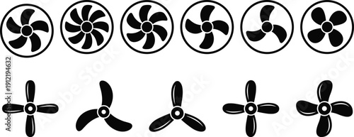 Black silhouette vector icon set of industrial fan blades, aircraft propellers, and cooling ventilators for engineering, aviation, and ventilation technology concepts.