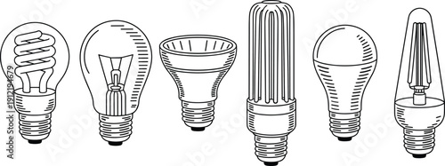 Light bulb icon set, vintage filament and LED lamps collection, energy saving lighting vector illustration isolated design pack