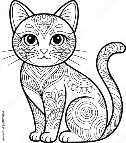 Cute zentangle cat illustration, decorative mandala kitten line art vector, coloring book animal design for adults and kids