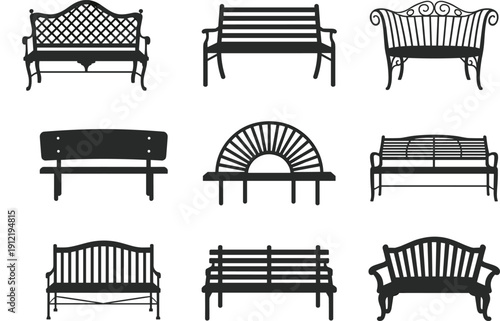 Park bench icon set, outdoor furniture silhouettes collection, garden seating vector illustration, classic wooden benches isolated design pack