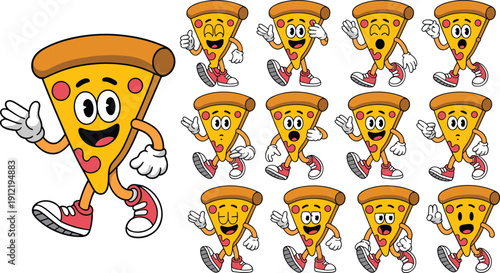 Cute cartoon pizza mascot collection, funny slice character vector set, happy food illustration pack for kids branding sticker design