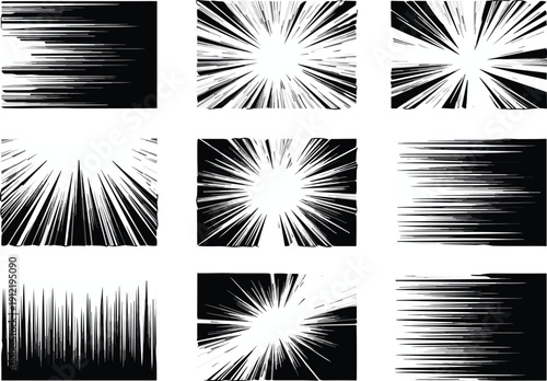 Abstract black white speed lines comic burst background set, dynamic motion rays texture collection for poster banner design graphic pack