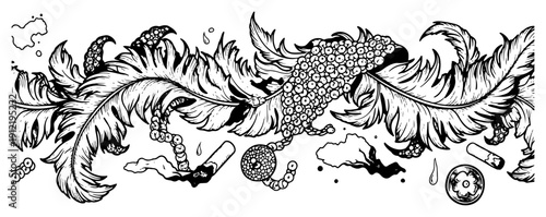 Surreal hand drawn ornamental illustration featuring feathers and cigarette butts in detailed ink style