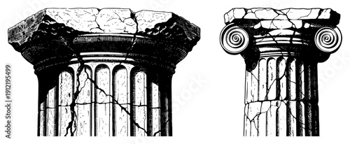 Broken ancient greek column capitals featuring ionic and doric architectural styles in sketch style