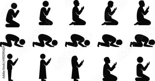 Black silhouette vector icon set of people performing Salah prayer in sitting, kneeling, and prostrating positions for Islamic religious concepts.