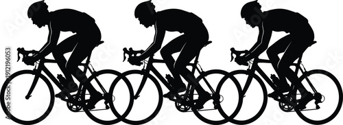 Black silhouette vector illustration of professional cyclists racing in a group for sports, fitness, competition, outdoor activity, and healthy lifestyle.