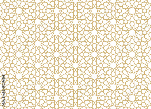 Seamless Islamic geometric pattern with elegant gold line art. Intricate star and polygon ornament on white background. Perfect for luxury wallpaper, Eid Mubarak design, packaging, Ramadan decor.