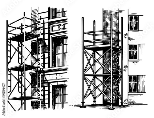Woodcut style illustration showing metal construction scaffolding structures placed against a classic brick building facade for renovation work