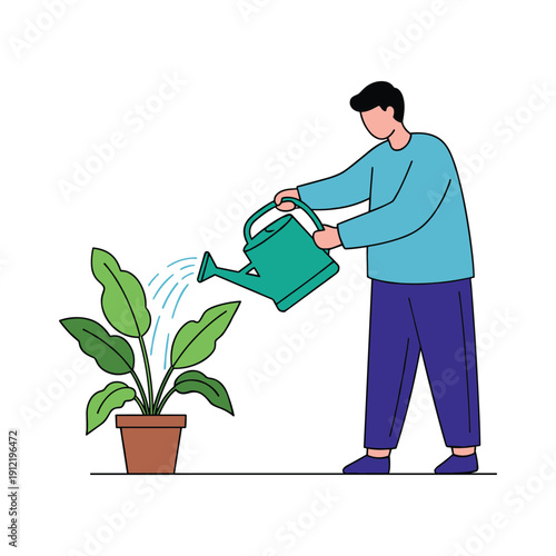 A person watering a houseplant with a green watering can
