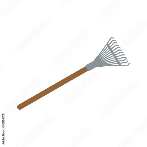 A simple illustration of a metal garden rake with a wooden handle