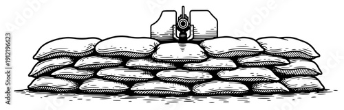 Defensive military sandbag fortification with gun barrel in woodcut engraving style