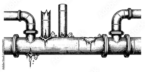 Woodcut style illustration of damaged industrial pipes with crystal formations and leaks