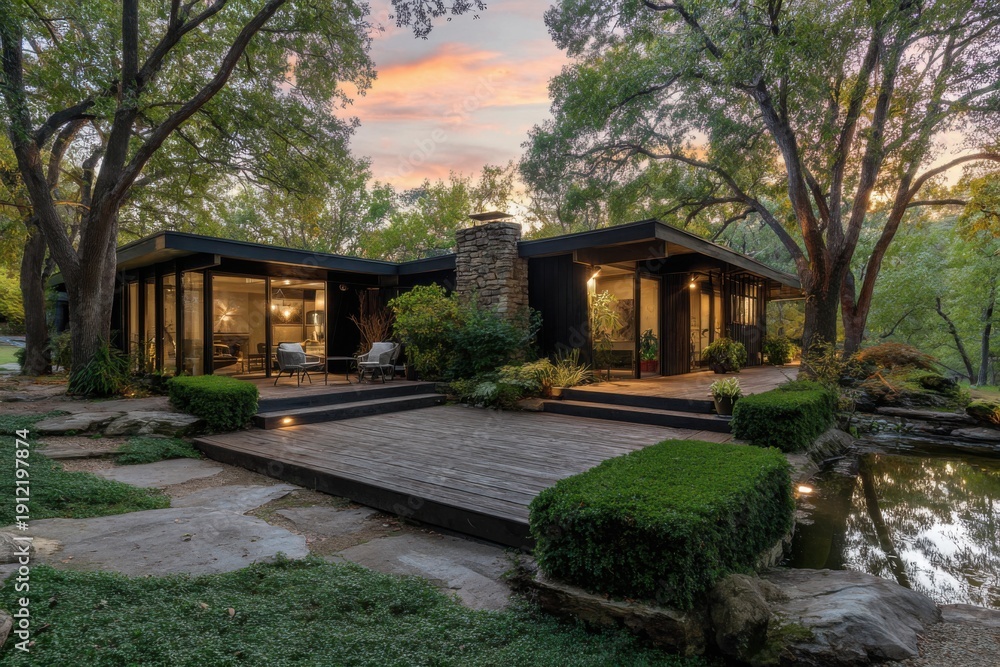 Obraz premium A contemporary home featuring expansive windows overlooks a serene pond, embraced by lush trees, creating a picturesque scene at sunset in a peaceful neighborhood
